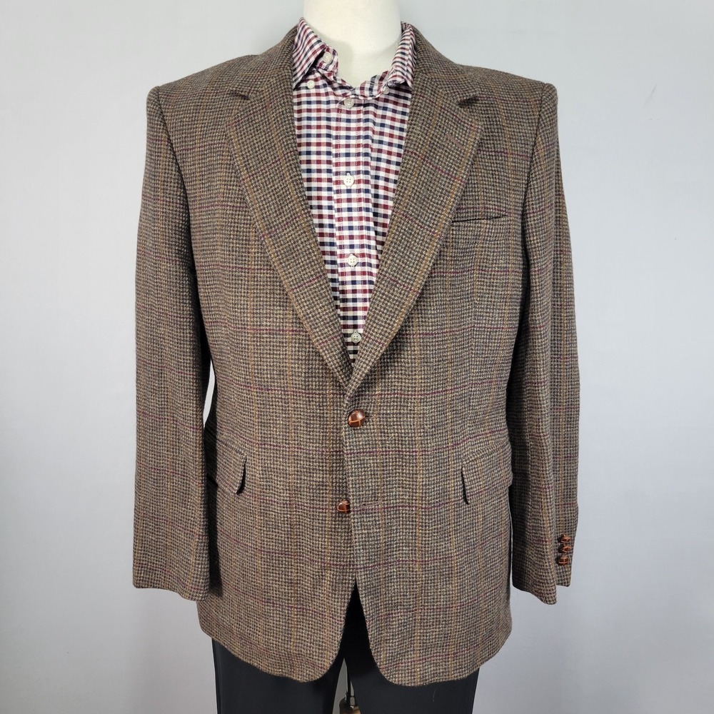 English Manor Men's Tweed Sport Coat Blazer Two Button Brown Plaid Wool 42R